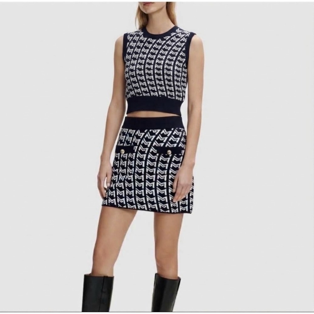 Maje Monogrammed Jacquard Knit Mini Skirt Set Top Vest Navy S M 2 / 38 Preppy